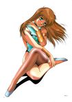  80s armlet blue_eyes blue_leotard bracer brown_hair crossed_legs dangaiou fingernails full_body head_tilt highleg highleg_leotard highres hirano_toshihiro legs leotard long_fingernails long_hair mia_alice oldschool scan shiny shiny_clothes shoes simple_background single_thighhigh sitting smile solo thighhighs turtleneck vambraces 