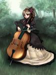  bow_(instrument) brown_hair bush cello dress flower grass hair_flower hair_ornament instrument nority original ponytail rose solo tree 