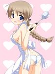  apron ass blue_eyes blush braid breasts brown_hair dimples_of_venus ladle long_hair looking_back lynette_bishop medium_breasts nearly_naked_apron no_bra open_mouth panties sideboob single_braid solo strike_witches ubox underwear white_panties world_witches_series 