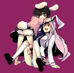  :3 animal_ears bad_id bad_pixiv_id barefoot black_hair bloomers blush bunny_ears bunny_tail feet inaba_tewi kneehighs long_hair multiple_girls panties purple_hair reisen_udongein_inaba short_hair skirt socks striped striped_panties tail touhou underwear yukizen 