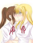  bad_id bad_pixiv_id blonde_hair fate_testarossa kiss lyrical_nanoha mahou_shoujo_lyrical_nanoha mahou_shoujo_lyrical_nanoha_a's misuzu_(iridescence) multiple_girls takamachi_nanoha yuri 