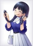  1girl ^_^ ^o^ bag belt black_hair blue_eyes blush braid breasts closed_eyes eyebrows_visible_through_hair eyes_closed hair_ornament hairclip handbag highres kath necktie nijisanji pleated_skirt skirt solo tsukino_mito twin_braids virtual_youtuber 