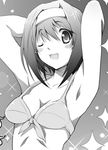  armpits bikini blush_stickers face fang glitter greyscale hairband kashi lowres monochrome one_eye_closed original solo swimsuit 