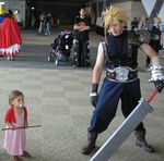  3boys aerith_gainsborough armor baby black_mage blonde_hair brown_hair cloud_strife cosplay dress final_fantasy final_fantasy_vii gloves jacket lowres multiple_boys multiple_girls pacifier photo staff sword weapon white_mage 