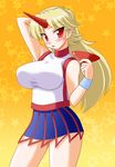  alcohol blonde_hair blush breasts cup horn hoshiguma_yuugi huge_breasts impossible_clothes impossible_shirt long_hair non-web_source red_eyes sakazuki sake shirt solo touhou 