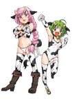  animal_ears animal_print bell bell_collar bikini boots collar copyright_request cow_bell cow_ears cow_girl cow_print elbow_gloves gloves green_eyes green_hair horns multiple_girls pink_hair red_eyes swimsuit tehen thighhighs 