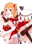  1girl :p alternate_costume armpit_peek bangs bare_shoulders black_legwear blonde_hair bow box chocolate chocolate_heart crystal dress elbow_gloves eyebrows_visible_through_hair feet_out_of_frame flandre_scarlet flower frilled_skirt frills gloves gradient gradient_background hair_ribbon heart holding_chocolate lace lace_gloves lace_legwear laevatein_(tail) leg_lift looking_at_viewer looking_back lying no_hat no_headwear on_stomach over-kneehighs petals petticoat pink_background pink_flower pink_rose pointy_ears red_dress red_eyes red_flower red_ribbon red_rose ribbon rose sakipsakip side_ponytail skirt solo strapless strapless_dress tail thigh_gap thighhighs tongue tongue_out touhou twitter_username valentine white_background white_bow wings wrist_cuffs 