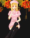  artist_request blonde_hair crossed_legs higurashi_no_naku_koro_ni long_hair lowres nurse red_eyes sitting solo takano_miyo thighhighs 