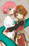  blue_eyes bob_cut estellise_sidos_heurassein goggles green_eyes mahouni multiple_girls pink_hair rita_mordio tales_of_(series) tales_of_vesperia 