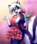  abluedeer anthro apron blue_fur breasts clothing cupcake female food fur green_eyes mammal mephitid ribbons side_boob skunk smile solo taki 