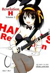  1girl animal_ears breasts bunny_ears bunny_girl bunnysuit cleavage cover cuffs d&#039;erlanger d'erlanger female fishnet_legwear fishnet_stockings fishnets guitar highres instrument legwear revelation solo suzumiya_haruhi suzumiya_haruhi_no_yuuutsu yamazaki 