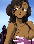  alternate_color alternate_eye_color alternate_hair_color bare_shoulders black_hair breasts brown_eyes cleavage code_geass collarbone dark_skin derivative_work euphemia_li_britannia highres kimura_takahiro large_breasts open_mouth recolor screencap solo third-party_edit wet 