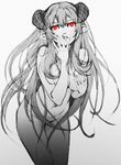  bent_over cozy demon_girl greyscale horns long_hair monochrome nude original red_eyes solo spot_color 