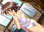  ass bathroom blush brown_eyes brown_hair camisole dutch_angle game_cg hirokawa_tomo looking_back non-web_source panties short_hair shouya_kenjou solo towel underwear 