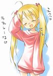  ^_^ blonde_hair child closed_eyes copyright_request open_mouth oversized_clothes solo sweater tatata translated twintails 