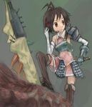  antenna_hair armor boots brown_eyes brown_hair chourui_keiko dress elbow_gloves gauntlets gloves headset idolmaster idolmaster_(classic) idolmaster_1 kikuchi_makoto microphone monster_hunter parody short_hair solo sword weapon 