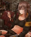  1girl 404_logo_(girls_frontline) android armband cable cigarette damaged expressionless girls_frontline gun h&amp;k_ump45 hair_ornament jacket jewelry long_hair magazine_(weapon) midriff navel pantyhose parts_exposed ring scar scar_across_eye side_ponytail sitting smoking solo sports_bra submachine_gun testame thighband_pantyhose torn_clothes torn_legwear ump45_(girls_frontline) weapon yellow_eyes zipper 