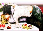 2boys death_note food indoors kiss l l_(death_note) male_focus multiple_boys yagami_light yaoi 