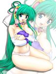  absurdres blue_eyes breast_hold breasts can_can_bunny elbow_gloves gloves green_hair highres large_breasts long_hair nipples panties solo swatty_(can_can_bunny) tomoya_kankurou topless underwear zoom_layer 