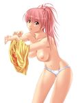  breasts copyright_request large_breasts long_hair maki_aida_factor nipples no_bra panties pink_hair ponytail red_eyes simple_background solo underwear undressing white_background 