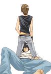  back black_hair brown_hair death_note l l_(death_note) lying yagami_light 