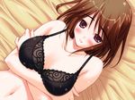  arpeggio artist_request black_bra blush bra breast_hold breasts brown_hair cleavage covered_nipples crossed_arms game_cg large_breasts lingerie lying mutobe_sarasa purple_eyes short_hair solo underwear underwear_only 