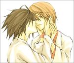  black_hair brown_eyes brown_hair death_note eyes_closed kiss l l_(death_note) yagami_light 