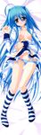  :3 absurdres ahoge amano_koyomi blue_hair blush breasts dakimakura dokodemo_sukishite_itsudemo_sukishite full_body green_eyes highres hinamatsuri_touko long_hair long_image lowleg lowleg_panties lying medium_breasts miniskirt nipples no_shoes open_clothes open_shirt panties shirt skirt skirt_lift socks solo stick_poster striped striped_legwear striped_panties tall_image underwear 