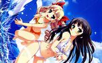  :o asagiri_itsuki bikini black_hair blonde_hair blue_eyes blush breast_hold breasts cameltoe cleavage cloud covered_nipples day dolphin drill_hair fang feet green_eyes hair_ribbon highres kisai_rurika kiss_yori_saki_ni_koi_yori_hayaku long_hair medium_breasts midriff multiple_girls navel non-web_source ocean outdoors ribbon sideways sky smile standing swimsuit toes tougarashi_hideyu twintails wallpaper water white_bikini 