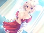  bare_shoulders blonde_hair blush breasts cloud day fujimi_yukari game_cg medium_breasts nipples open_clothes open_shirt purple_eyes satou_satoru school_uniform shirt short_hair skirt sky solo standing tsukushite_ageru_no_ni! window 