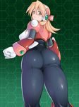  alia_(rockman) ass blonde_hair blush chabo_(fuketsudan) from_behind green_background green_eyes honeycomb_(pattern) honeycomb_background kneepits looking_back rockman rockman_x solo thick_thighs thighs 