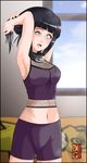  armpits bike_shorts black_hair blush fishnets hyuuga_hinata indoors long_hair midriff naruto naruto_(series) navel open_mouth shorts solo white_eyes window xennad_eulano 