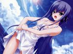  absurdres bare_shoulders blue_eyes breasts cloud day fumio_(ura_fmo) highres hoshiuta long_hair medium_breasts nipples ocean open_mouth outdoors purple_hair see-through skirt skirt_lift sky solo thighs water wet wet_clothes yamabuki_renge 