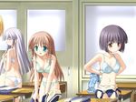  alma_~zutto_soba_ni...~ araragi_madoka brown_hair classroom desk green_eyes indoors lingerie long_hair matra_milan mitsuki_kanae multiple_girls non-web_source one-piece_swimsuit purple_hair school_desk school_swimsuit school_uniform shidou_suzu short_hair silver_hair swimsuit underwear undressing yellow_eyes 