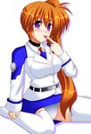  blush brown_hair lask long_hair lyrical_nanoha mahou_shoujo_lyrical_nanoha_strikers military military_uniform necktie panties pantyshot pencil_skirt purple_eyes side_ponytail skirt solo takamachi_nanoha thighhighs tongue tsab_air_military_uniform underwear uniform upskirt very_long_hair 