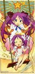  absurdres barefoot blue_eyes blush closed_eyes highres hiiragi_kagami hiiragi_tsukasa lucky_star megami multiple_girls official_art purple_hair scan swing takao_noriko 