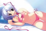  blue_hair bra breasts copyright_request hair_ribbon highres kiba_satoshi lingerie long_hair lying mouth_hold navel nipples panties purple_eyes ribbon side-tie_panties small_breasts solo stomach thigh_gap underwear underwear_only 