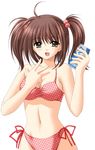  :d ahoge bikini breasts brown_eyes brown_hair can clover_(game_cg) hair_bobbles hair_ornament holding holding_can looking_at_viewer medium_breasts navel nishimata_aoi open_mouth plaid plaid_bikini red_bikini side-tie_bikini simple_background smile soda_can solo swimsuit twintails white_background 