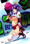  bra breasts buruma fujino_shion gloves graffiti hatsu_inu highres inu lingerie medium_breasts nipples puffy_nipples purple_hair shirt_lift solo thighhighs underwear 