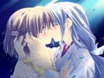  closed_eyes game_cg hair_bobbles hair_ornament japanese_clothes kiss kusukusu miko minatogawa_tamami moshimo_ashita_ga_hare_naraba multiple_girls nonosaki_tsubasa tears yuri 