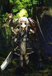  absurdres armor blue_eyes copyright_request fantasy forest highres hitomaru monster multiple_girls nature pointy_ears red_eyes red_hair riding short_hair silver_hair sword weapon 