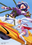  70s animal_ears belt blue_hair boots braid breasts bunny_ears cape closed_eyes cosplay elbow_gloves fang gatchaman gloves ground_vehicle helmet highres itou_katsunobu jun_the_swan jun_the_swan_(cosplay) kokubunji_koyori large_breasts maid motor_vehicle motorcycle multiple_girls nakahara_komugi nurse_witch_komugi-chan official_art oldschool open_mouth parody pink_hair posokichi purple_eyes short_hair single_braid skirt tentacles thigh_boots thighhighs visor zettai_ryouiki 