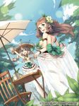  :d apple armlet bare_shoulders blue_sky blush bottle bow bracelet breasts chair cloud day dutch_angle flower food fruit green_bow green_eyes hair_flower hair_ornament hat holding_skirt jewelry keypot large_breasts long_hair looking_at_viewer neck_ring official_art open_mouth outdoors plant sidelocks skirt sky small_breasts smile sun_hat table topless tree twintails umbrella waving white_skirt wixoss yellow_pupils 