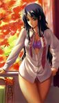  absurdres autumn black_hair blue_eyes bra copyright_request eiwa highres leaf lingerie no_pants open_clothes open_shirt panties shirt solo standing underwear 