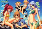  absurdres ahoge alicia_infans amakase_koyuki bikini blonde_hair blue_eyes blue_hair blush breasts brown_hair cleavage cloud covered_nipples crab crustacean day green_eyes hair_ribbon highres innertube kujou_yuuka long_hair magus_tale medium_breasts midriff multiple_girls navel nina_geminis outdoors purple_hair red_eyes red_hair rena_geminis ribbon seera_finis_victoria short_hair side-tie_bikini sky standing swimsuit tenmaso water yellow_eyes 