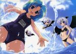  2girls :d absurdres aqua_hair bandeau bangs bat_wings bikini blog_yousei_cocolo blue_eyes blush body_blush breasts chibi cleavage cloud copyright_request day dutch_angle flat_chest flying from_below front-tie_top hands hands_on_hips head_wings highres komatsu_eiji light_rays long_hair looking_at_viewer looking_away looking_down lowleg lowleg_bikini multiple_boys multiple_girls name_tag navel one-piece_swimsuit open_mouth outdoors outstretched_arms parted_bangs pointy_ears polearm scan school_swimsuit short_hair silver_hair sky small_breasts smile splashing spread_arms standing sunbeam sunlight swimsuit trident very_long_hair wading water weapon wings 