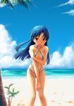  beach blue_hair blush brown_eyes cloud covering day embarrassed flat_chest highres idolmaster idolmaster_(classic) idolmaster_live_for_you! kisaragi_chihaya leaning_forward long_hair navel open_mouth outdoors palm_tree skindentation sky slingshot_swimsuit solo swimsuit takayaki tree water 