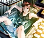  armpits bad_id bad_pixiv_id bath bathing bathtub blue_eyes checkered checkered_floor cigarette eyewear_on_head from_above legs lips lying mouth_hold original outstretched_arms panties pantyshot pantyshot_(lying) partially_submerged perspective ponytail reclining red_hair rezi smile smoking solo spread_arms spread_legs sunglasses tank_top thighs underwear water wet wet_clothes 