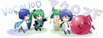  2girls bad_id bad_pixiv_id blue_eyes blue_hair blue_scarf chibi copyright_name crossover green_hair hatsune_miku kaito long_hair macross macross_frontier microphone multiple_boys multiple_girls necktie okran ranka_lee red_eyes saotome_alto scarf short_hair skirt spring_onion tears twintails vocaloid yellow_scarf 