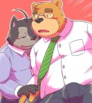  2019 anthro black_nose blush brown_fur bulge canid canine canis clothing domestic_dog duo eyes_closed fur humanoid_hands male mammal misterdonn necktie pants red_background shirt simple_background slightly_chubby ursid 